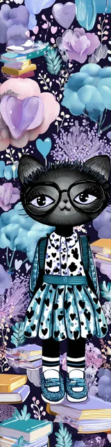 Free kawaii cats bookmark featuring a dark gray cat wearing glasses